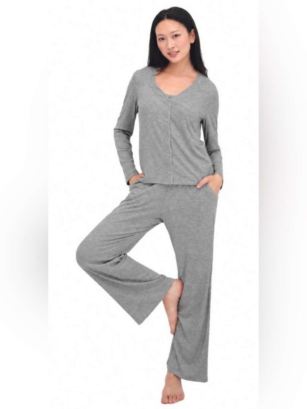 Cozy Women's Gray Long-Sleeve Button-Front Pajama Set
